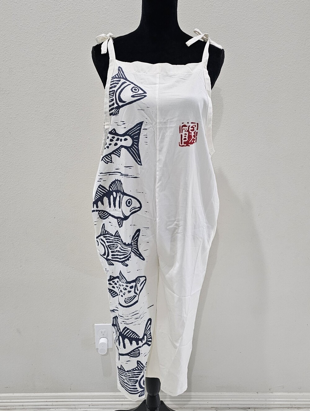 White Tie-Shoulder Jumpsuit with Navy Fish Print